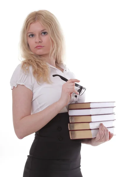 Bella giovane donna con libri sfondo bianco — Foto Stock