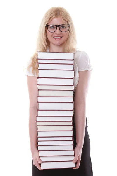 Mulher bonita com livros fundo branco — Fotografia de Stock