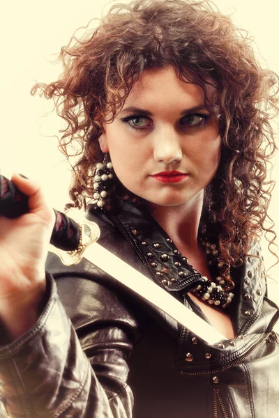 stock image Curly woman curly girl and sword