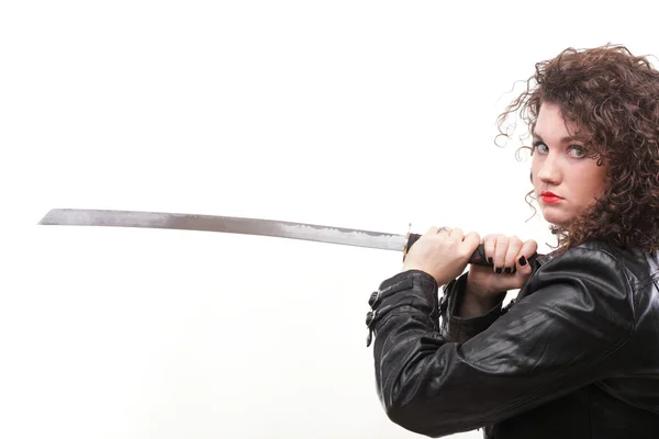 Curly woman curly girl and sword — Stock Photo, Image