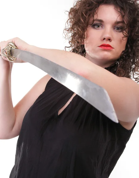 Portret krullend vrouw krullend meisje en zwaard — Stockfoto