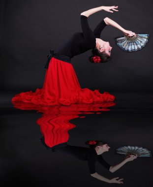 çekici İspanyol genç kadın üzerinde siyah backg Flamenco dans