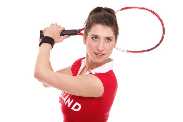 Imagem de estúdio isolada de uma jovem com raquete de tênis — Fotografia de Stock