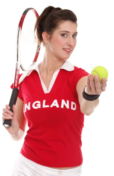 Studio na białym tle obraz z młodą kobietę z rakieta tenisowa — Zdjęcie stockowe