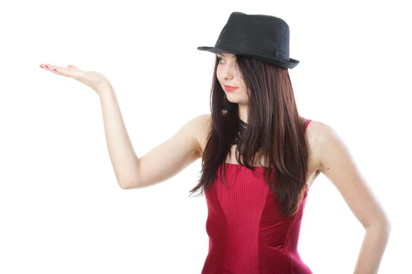 Showgirl mulher dança em espartilho vermelho branco isolado — Fotografia de Stock