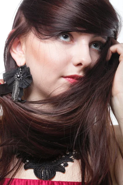 Волосы женщины в красном корсете белый изолированный — стоковое фото