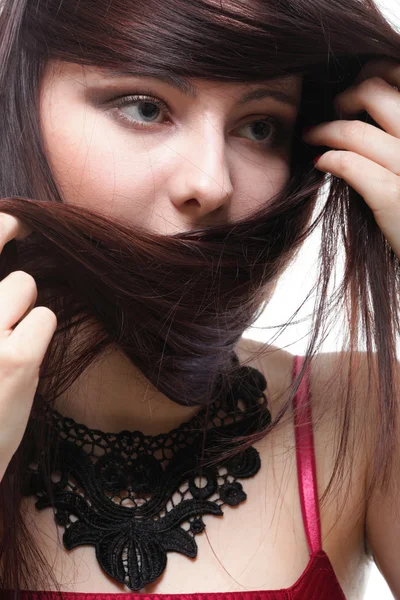 Mujer de pelo en corsé rojo blanco aislado —  Fotos de Stock