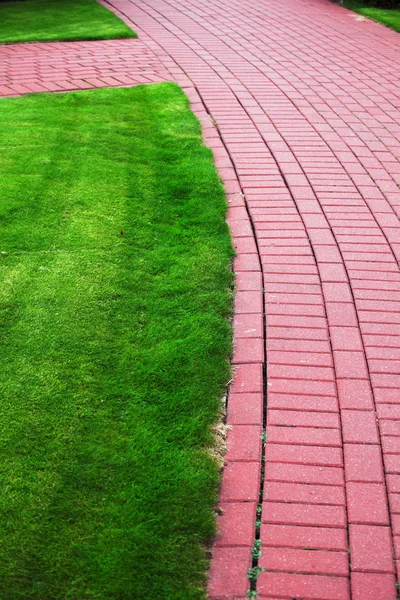 Garten Steinweg mit Gras, gemauerter Bürgersteig — Stockfoto