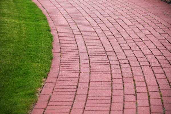 Ścieżki ogrodowe kamienne z trawy, cegła chodnik — Zdjęcie stockowe