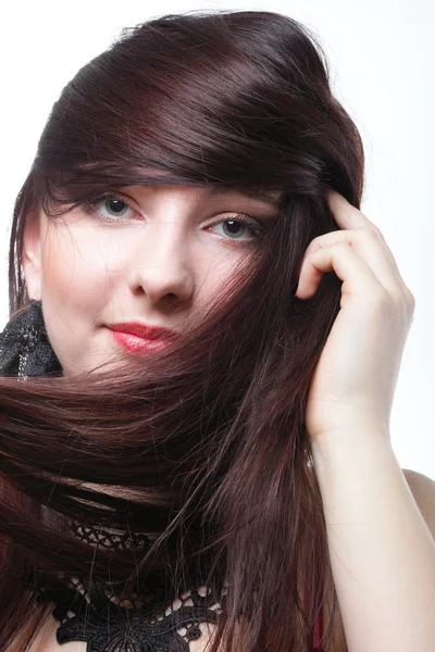 Piękna brunetka dama długie włosy — Zdjęcie stockowe