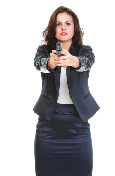 Młoda brunetka kobieta z pistoletu na białym tle — Zdjęcie stockowe