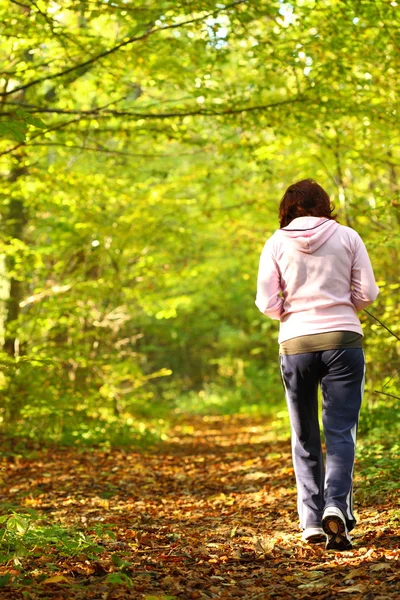 交叉郊游径在秋天的森林中散步的女人 — 图库照片