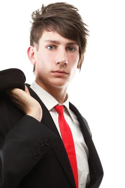 Ung affärsman svart kostym casual slips på vit bakgrund — Stockfoto