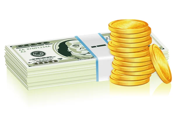 Stos dolara i złotych monet — Wektor stockowy