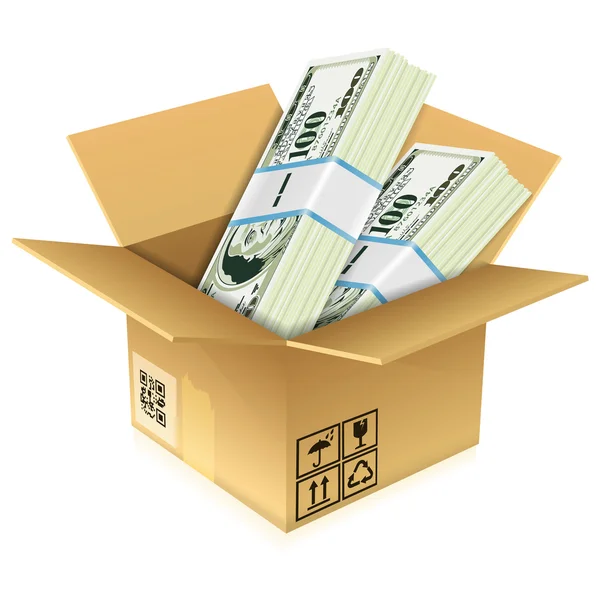 Cardboard Box with Dollar Bills — Stock Vector