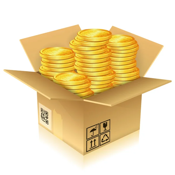 Caixa de papelão com moedas de ouro — Vetor de Stock