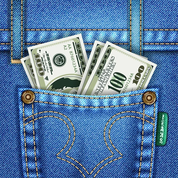 Bolsillo Jeans con billetes de dólar — Vector de stock