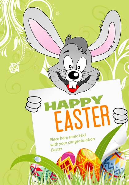 Velikonoční plakát s vejci, králík a list papíru — Stockový vektor