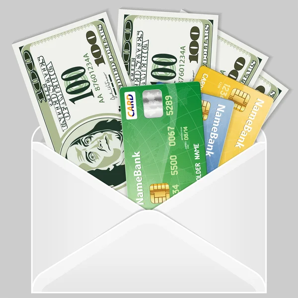 Buka Amplop dengan Dollar Tagihan dan Kartu Kredit - Stok Vektor