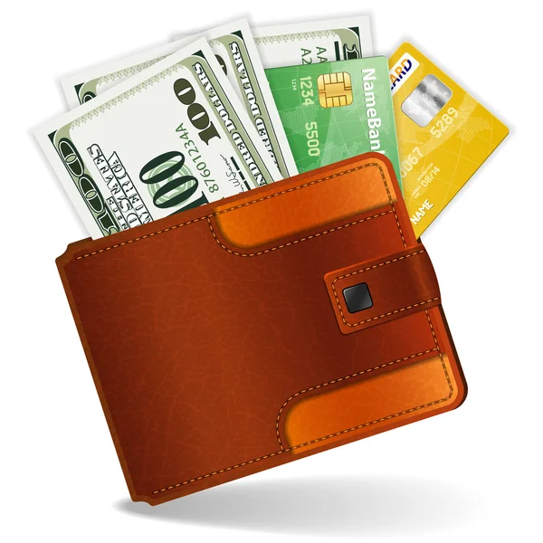 Portemonnee met dollars en creditcardsdolar, kredi kartları ile çanta — Stockvector