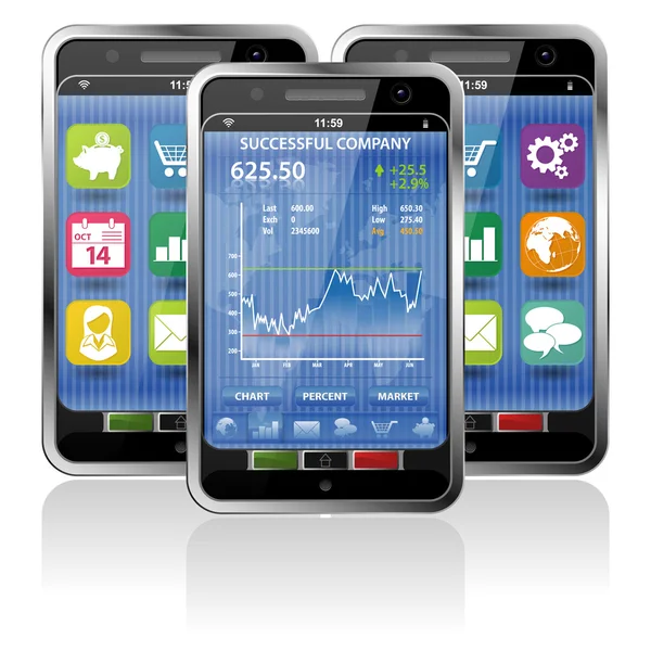 智能手机与股票市场中的应用 — 图库矢量图片