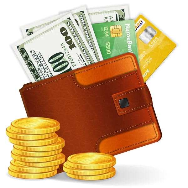 Monedero con dólares, tarjetas de crédito y monedas — Vector de stock