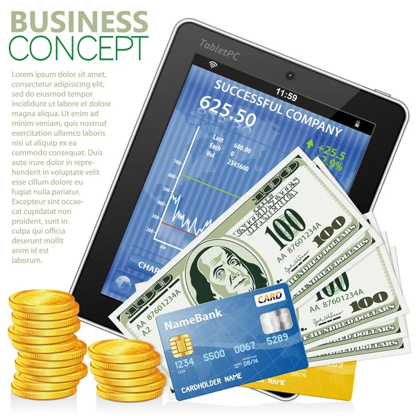 Concept financier avec Tablet PC, Dollars, Cartes de Crédit et Monnaie — Image vectorielle