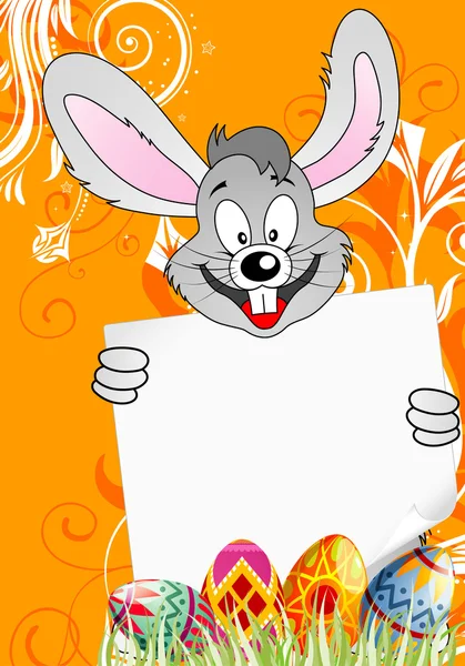 Пасхальный плакат с яйцами, кроликом и листом бумаги — стоковый вектор