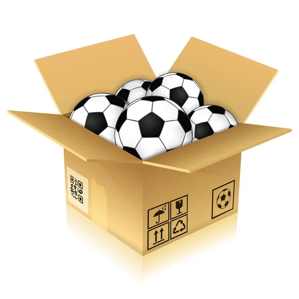 Scatola di cartone con palloni da calcio — Vettoriale Stock