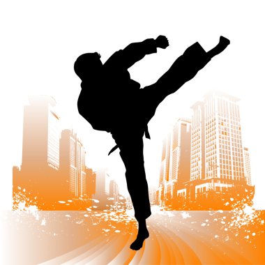 Karate silhouette and building clipart