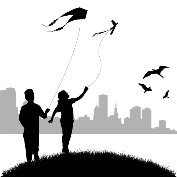 Kinder fliegen Drachen — Stockvektor