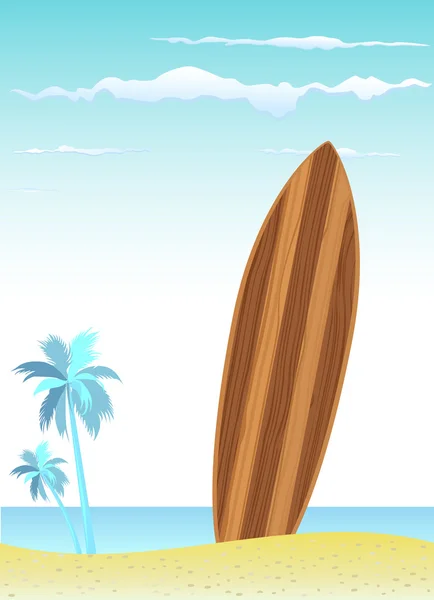 Деревянная доска для серфинга с пляжем — стоковый вектор