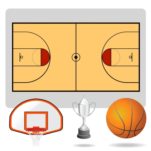 Terrain de basket-ball, balle et objets — Image vectorielle