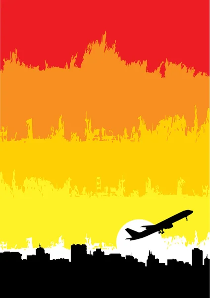 Vliegtuig op cityscape achtergrond — Stockvector