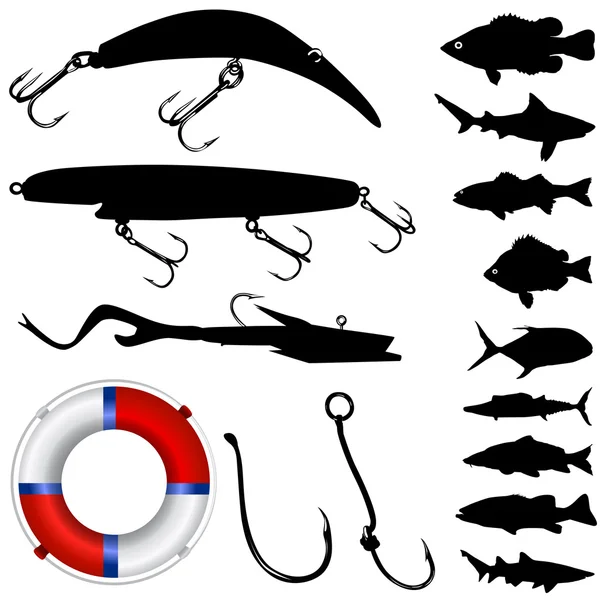 Fisher equipments and fish — Stock Vector