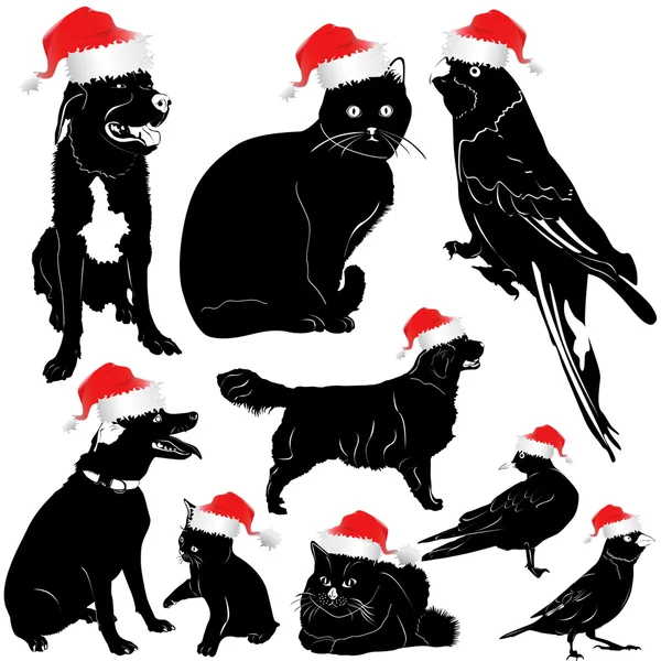 Рождественские домашние животные собаки, кошки, птицы — стоковый вектор