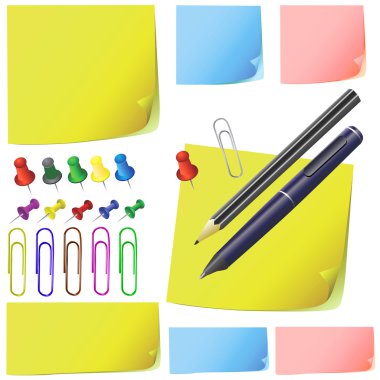 Post it, note paper, pencil, pen, office pack set clipart