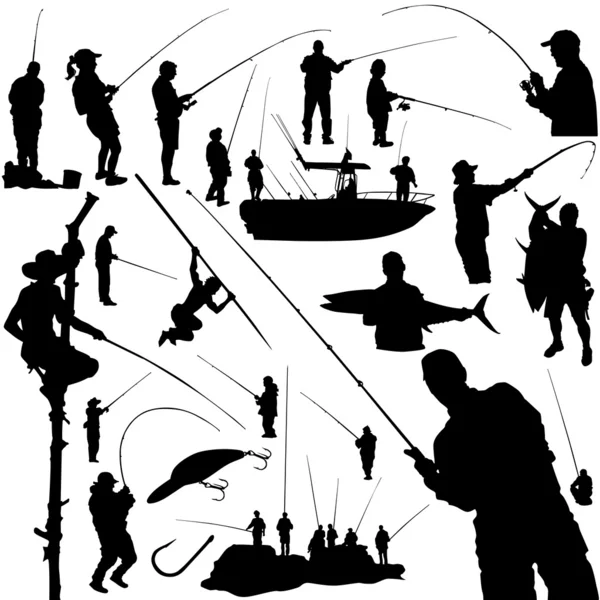 Рибалки та риболовецьке обладнання — стоковий вектор