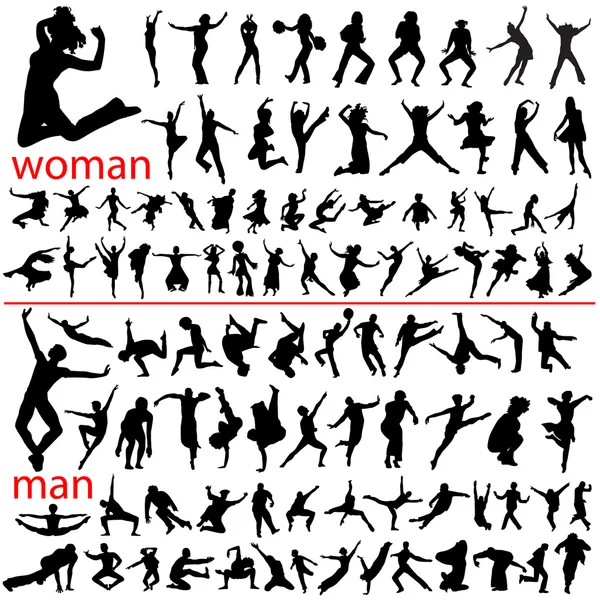 100 jumping , woman and man — Stock Vector