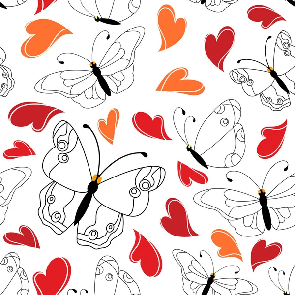 心と蝶のシームレスなパターン — ストックベクタ