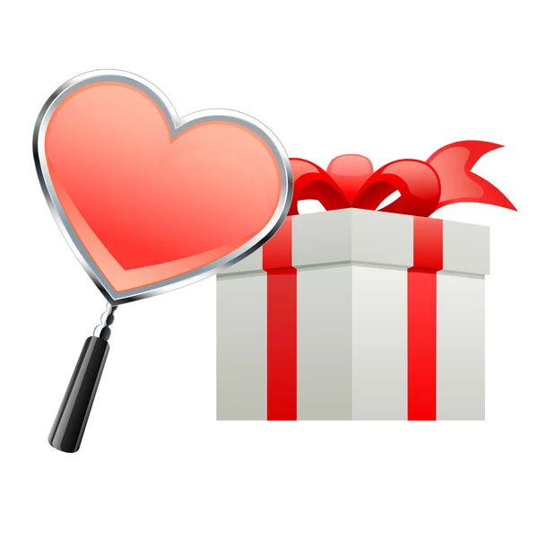 Presente para o Valentine. Ampliar vidro com forma de coração .. — Vetor de Stock