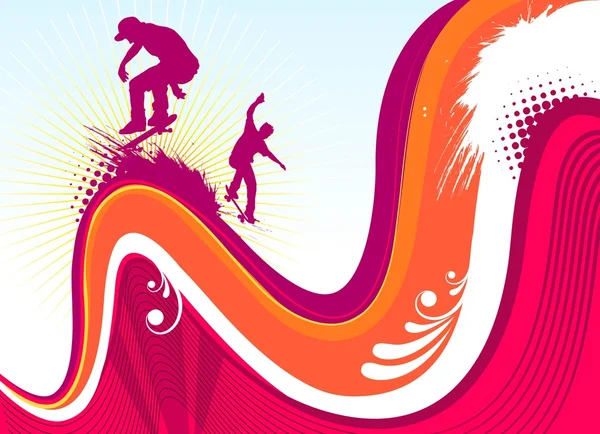 波の背景を持つスケーター — ストックベクタ