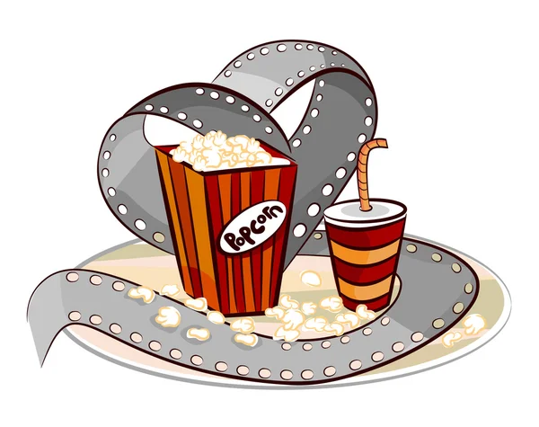 Popcorn, drink and film roll — Stock Vector