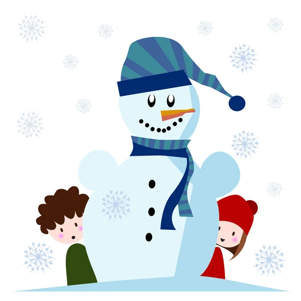 Bonito boneco de neve com crianças —  Vetores de Stock