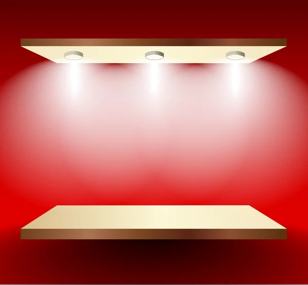 Shelf with lights on red wall — Stock Vector