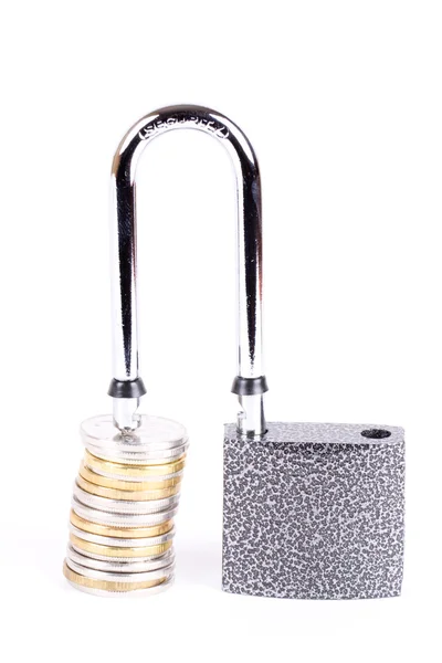 Open a padlock and a stack of coins — Stock Photo, Image