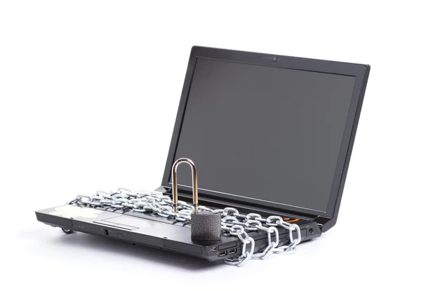 Abra a corrente de segurança do laptop whit e cadeado — Fotografia de Stock