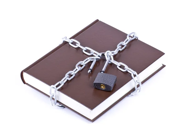 Brown book, chain and open padlock — Stock Photo, Image