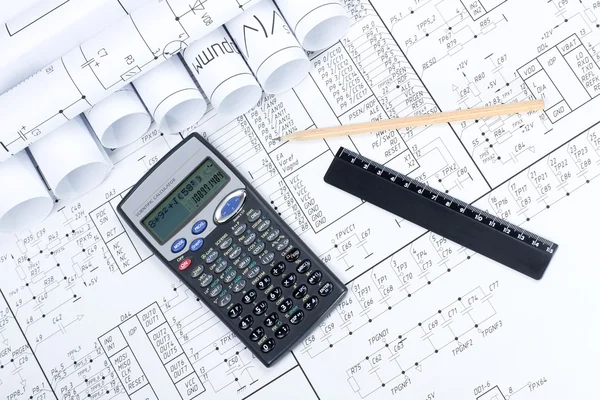 Blueprint & calculator — Stock Photo, Image