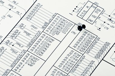 Drawing electrical circuit and pushpin clipart